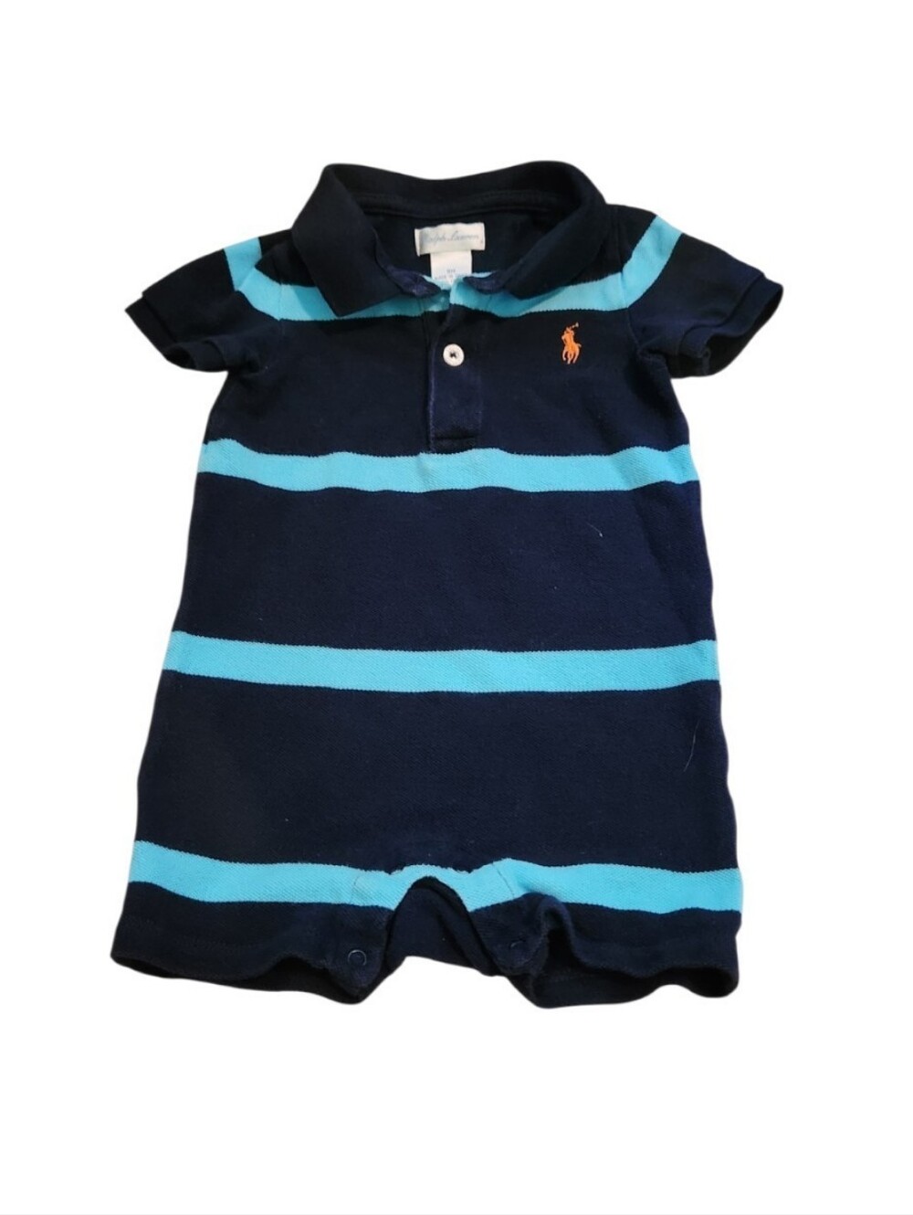 Ralph Lauren Navy & Light Blue Striped Polo Shortall with Orange Pony